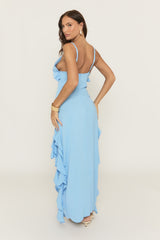 Blue Tiered Ruffle Detail Asymmetric Maxi Dress - Broidy