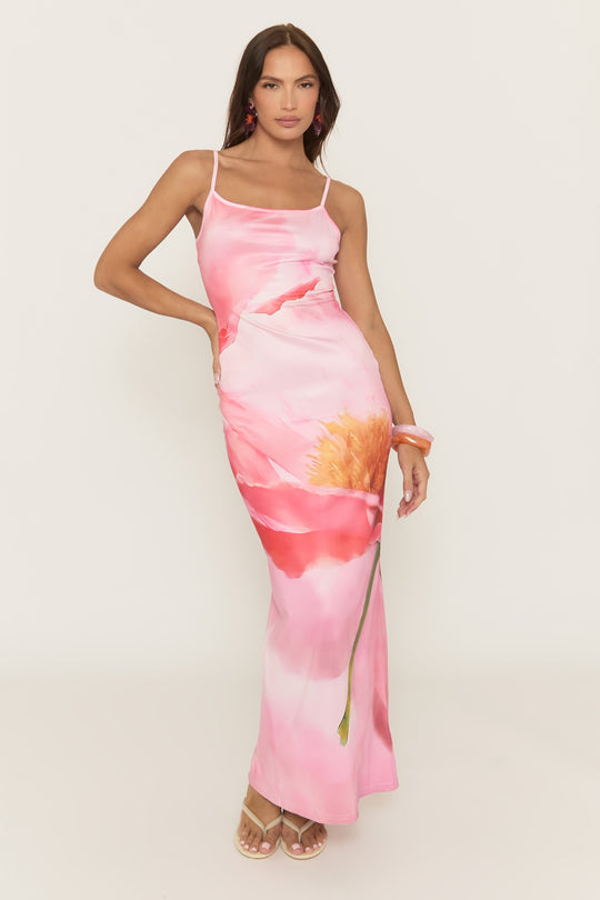 Pink Floral Print Strappy Maxi Dress - Jaydan