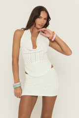 White Floral Crochet Cowl Halter Top And Mini Skirt Co-Ord Set - Leoran