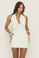 White Floral Crochet Cowl Halter Top And Mini Skirt Co-Ord Set - Leoran