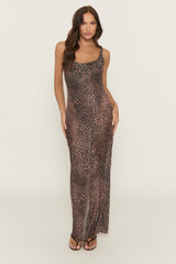 Brown Leopard Print Bodysuit Insert Mesh Maxi Dress - Karleigh
