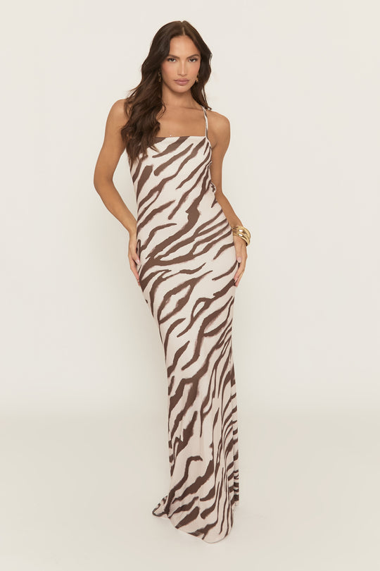 Brown Zebra Print Tie Back Maxi Dress - Corena