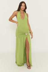 Green Plunge Gold Trim Maxi Dress - Pauley