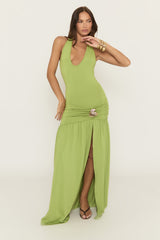 Green Plunge Gold Trim Maxi Dress - Pauley