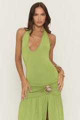 Green Plunge Gold Trim Maxi Dress - Pauley