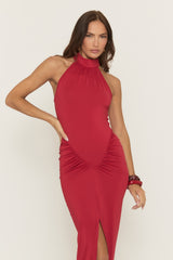 Red High Neck Ruched Maxi Dress - Saraya