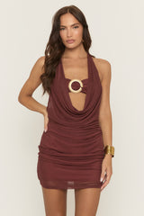 Brown Cowl Neck Trim Detail Mesh Mini Dress - Toreen