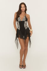 Black Leopard Print Halter Neck Frill Hem Playsuit - Rahay