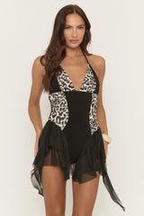 Black Leopard Print Halter Neck Frill Hem Playsuit - Rahay