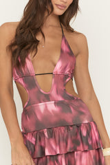 Wine Multi Printed Cut Out Frill Mini Dress - Kareen