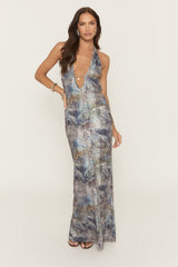 Grey Multi Printed Plunge Trim Detail Maxi Dress - Sade