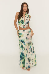 Blue Tie Dye Print Halter Top And Maxi Skirt Co-Ord Set - Aireen