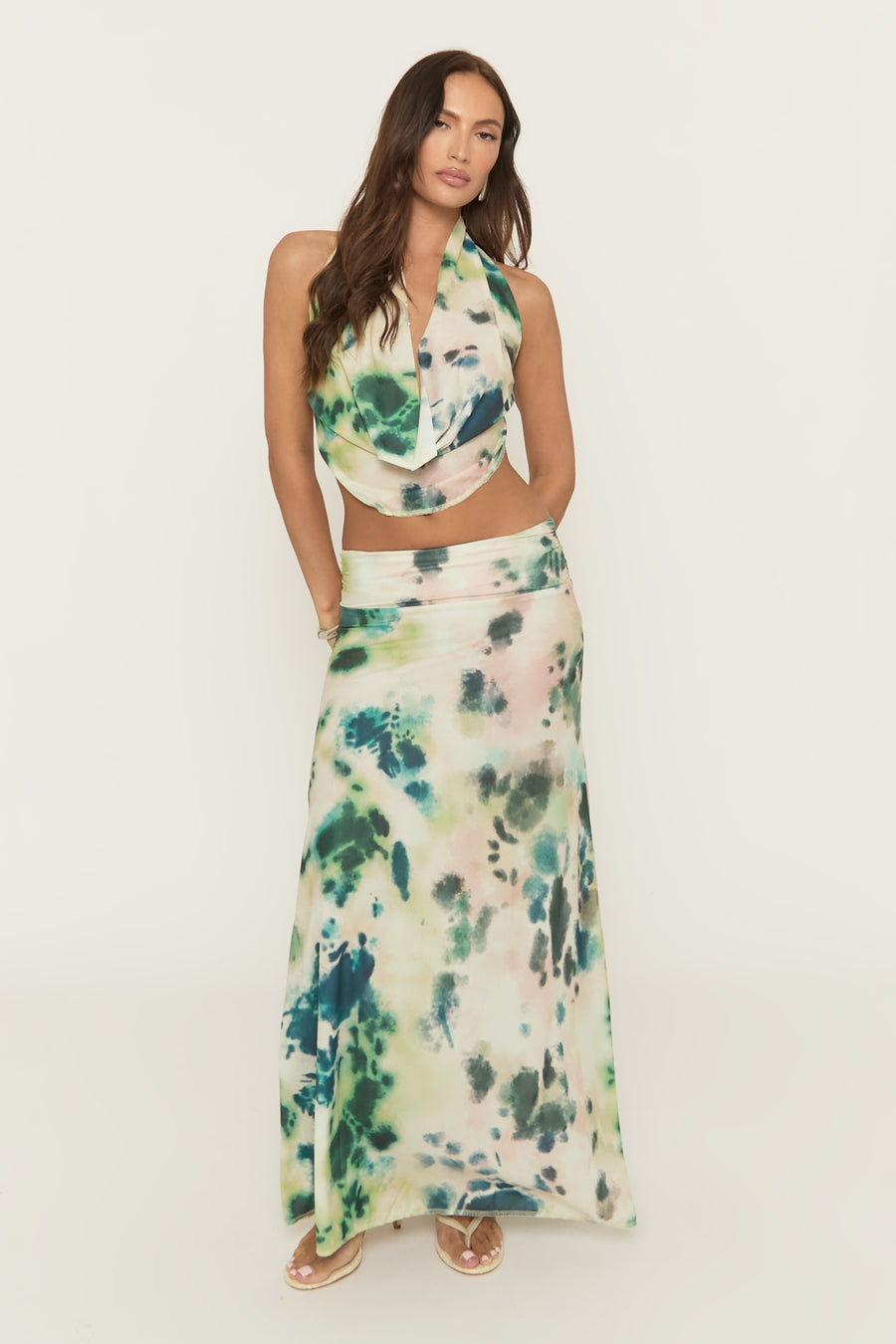 Blue Tie Dye Print Halter Top And Maxi Skirt Co-Ord Set - Aireen