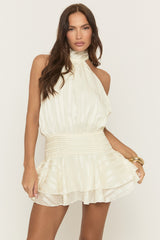 Cream Halterneck Blouson Ruffle Mini Dress - Tuscany