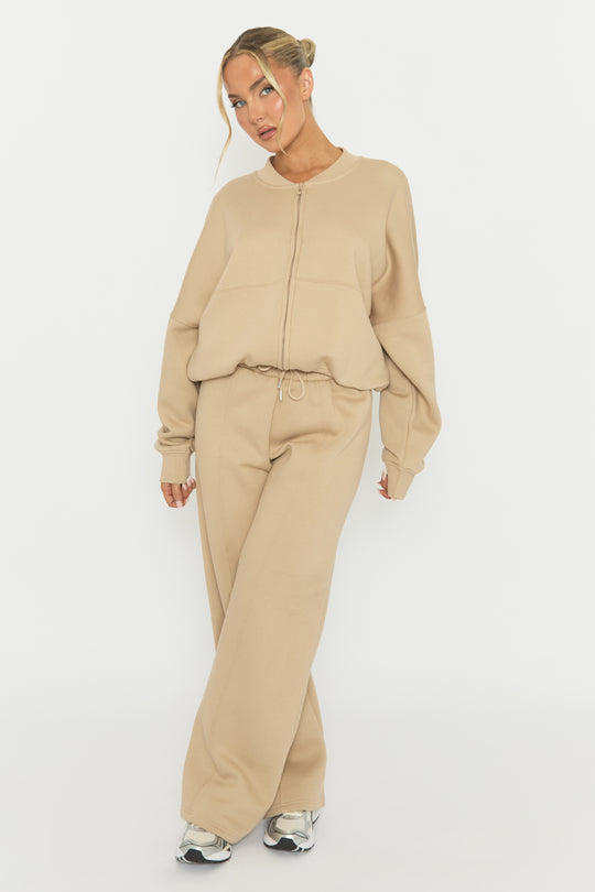 Beige Zip Front Bomber And Joggers Loungewear Co-ord Set - Sasha