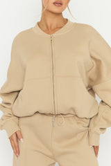 Beige Zip Front Bomber And Joggers Loungewear Co-ord Set - Sasha