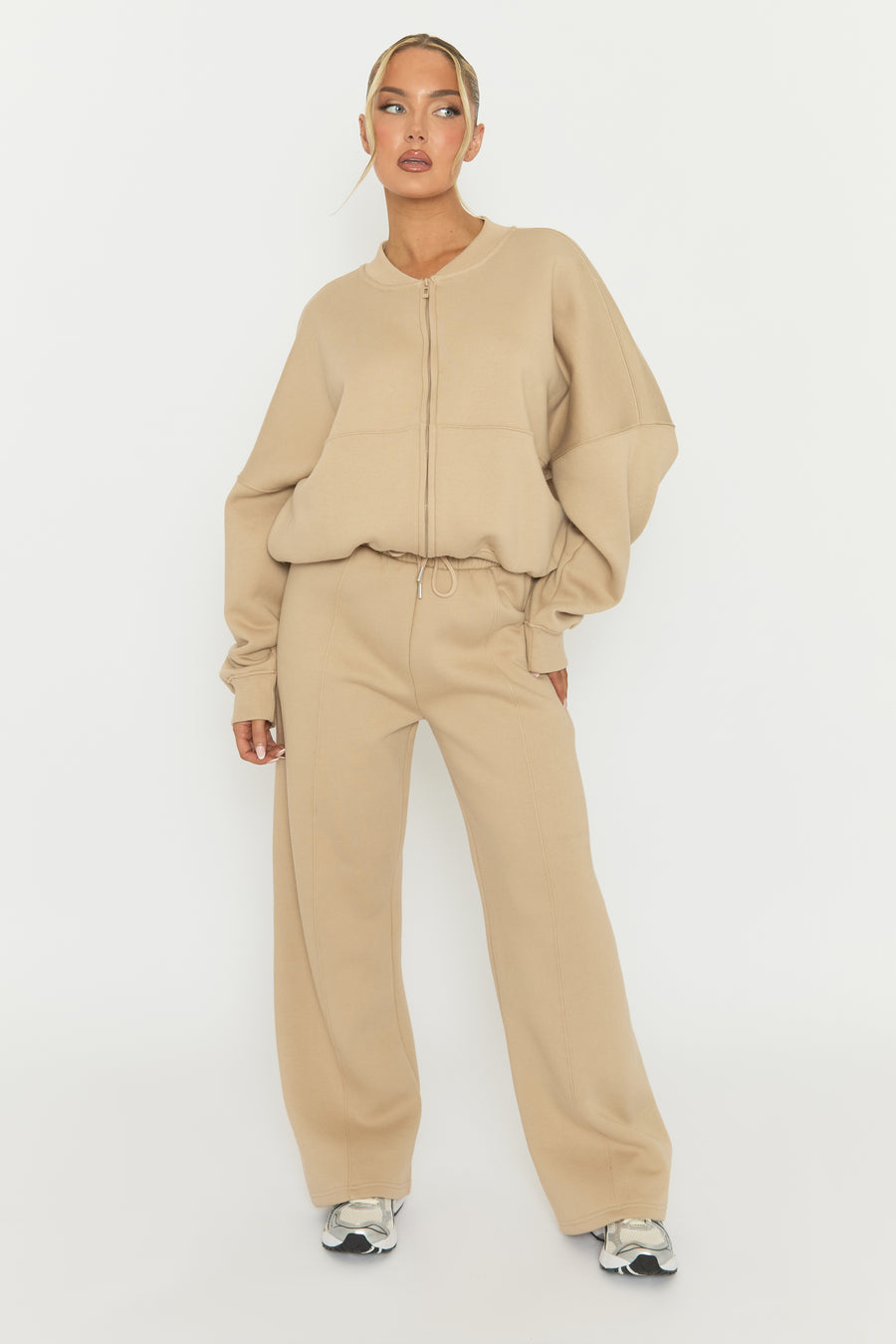 Beige Zip Front Bomber And Joggers Loungewear Co-ord Set - Sasha
