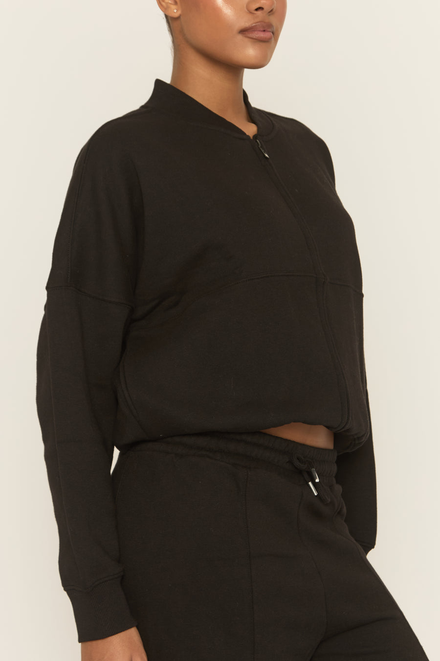 Black Zip Front Bomber And Joggers Loungewear Co-ord Set - Sasha