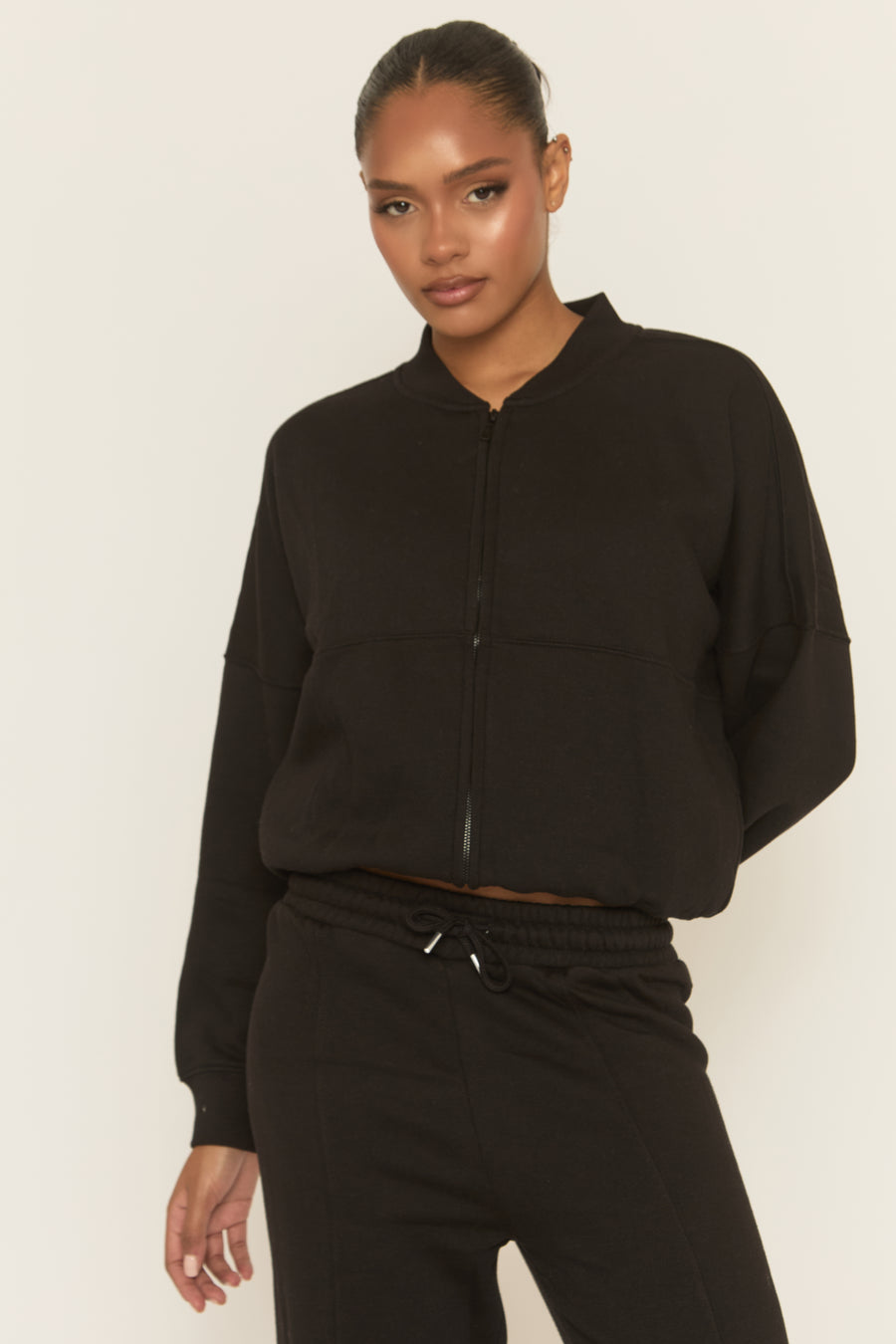 Black Zip Front Bomber And Joggers Loungewear Co-ord Set - Sasha