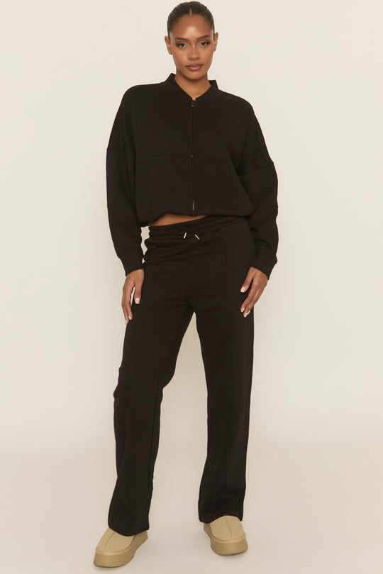 Black Zip Front Bomber And Joggers Loungewear Co-ord Set - Sasha