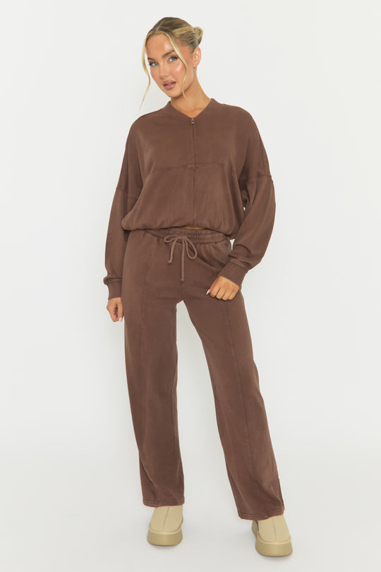 Chocolate Acid Wash Bomber and Wide Leg Jogger Loungewear Co-ord Set - Macay