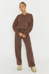 Chocolate Acid Wash Bomber and Wide Leg Jogger Loungewear Co-ord Set - Macay