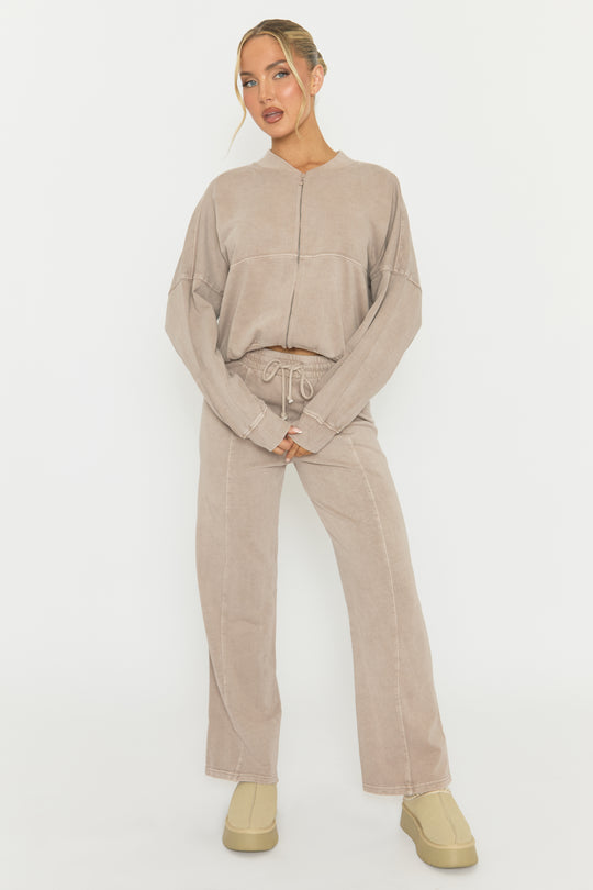 Dove Grey Acid Wash Bomber and Wide Leg Jogger Loungewear Set - Macay