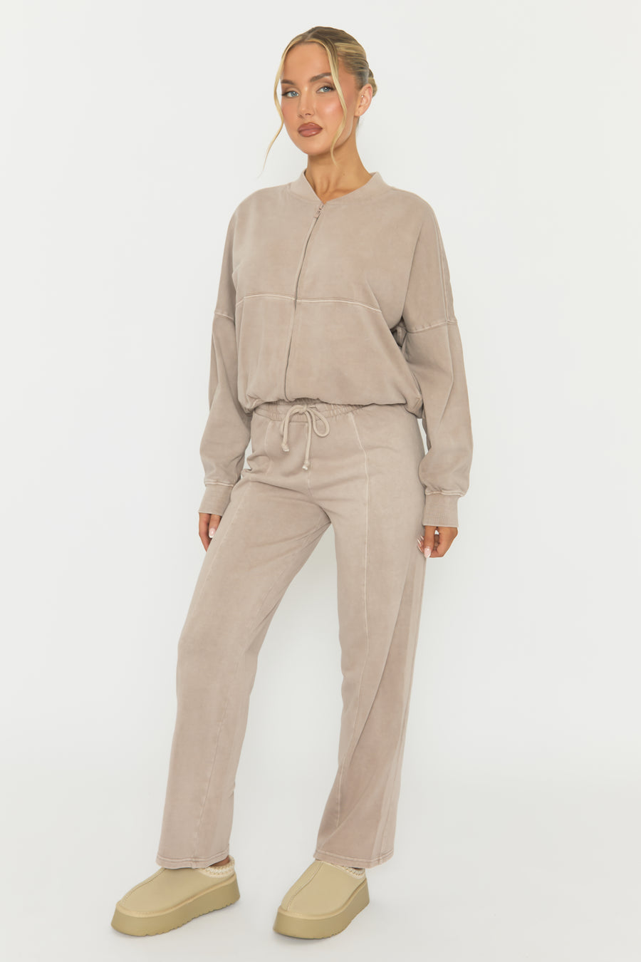 Dove Grey Acid Wash Bomber and Wide Leg Jogger Loungewear Co-ord Set - Macay