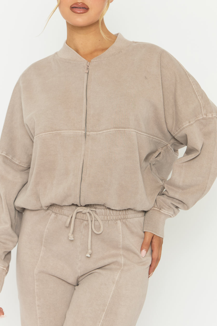 Dove Grey Acid Wash Bomber and Wide Leg Jogger Loungewear Co-ord Set - Macay