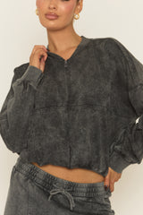 Charcoal Acid Wash Bomber and Wide Leg Jogger Loungewear Co-ord Set - Macay