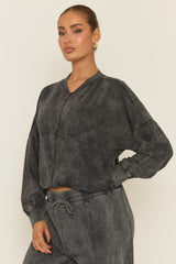 Charcoal Acid Wash Bomber and Wide Leg Jogger Loungewear Co-ord Set - Macay