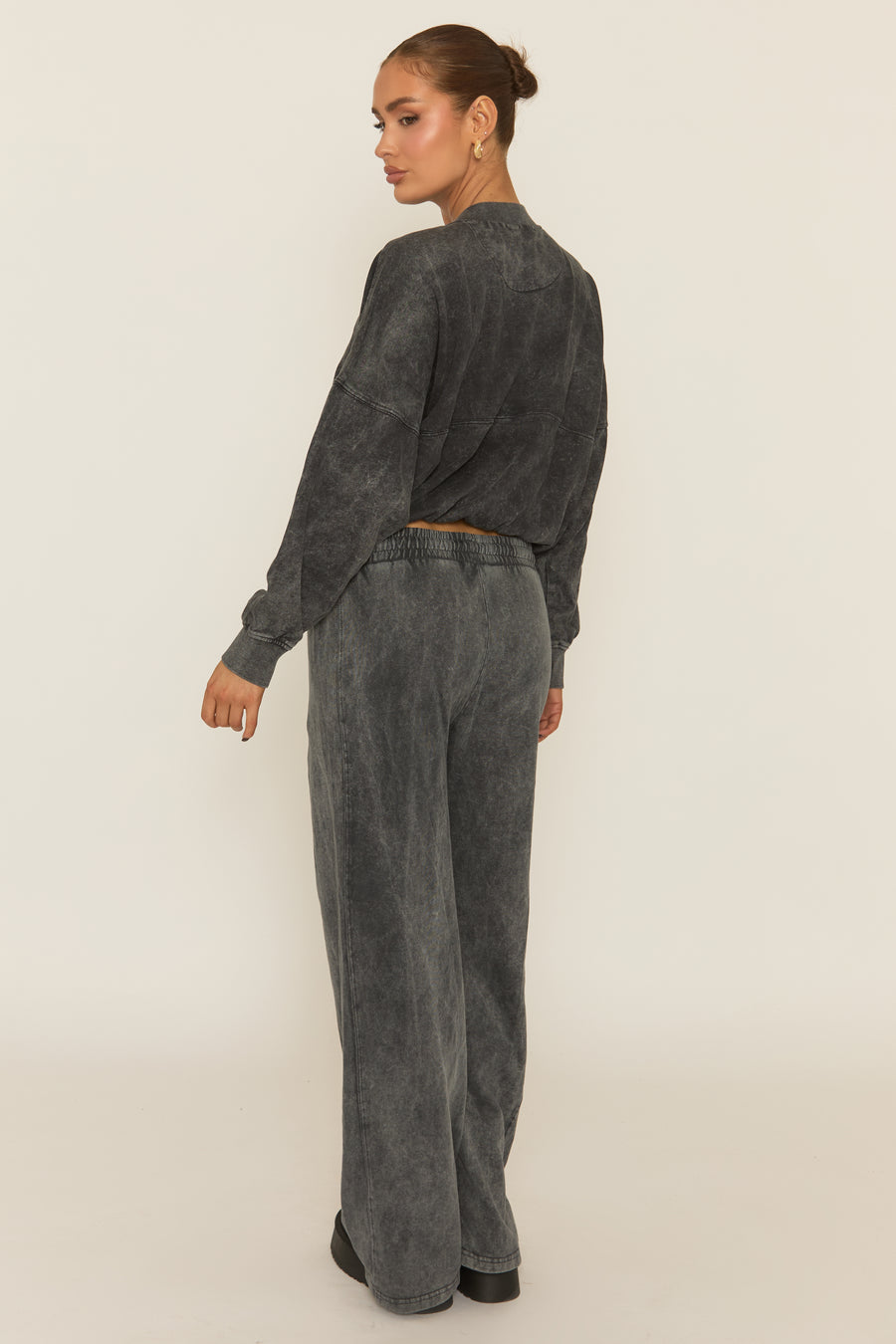 Charcoal Acid Wash Bomber and Wide Leg Jogger Loungewear Co-ord Set - Macay
