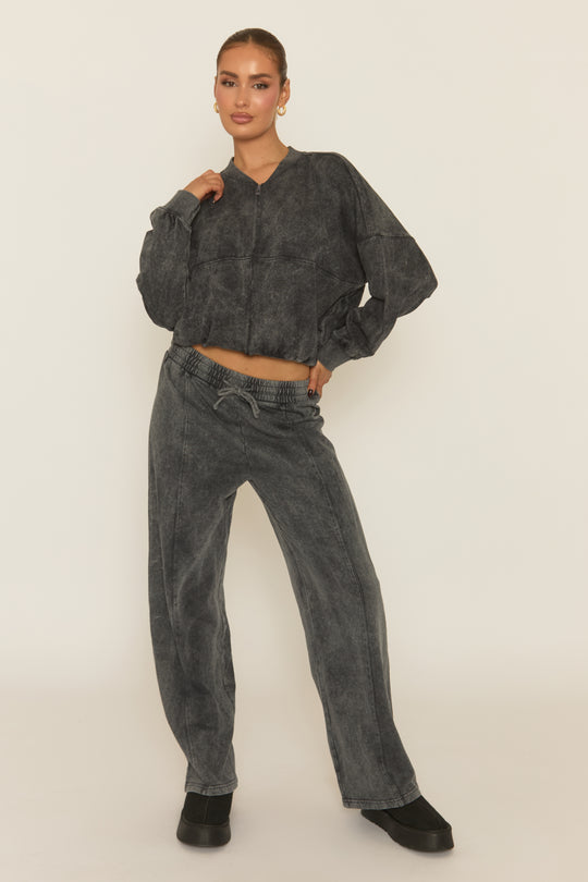 Charcoal Acid Wash Bomber and Wide Leg Jogger Loungewear Set - Macay