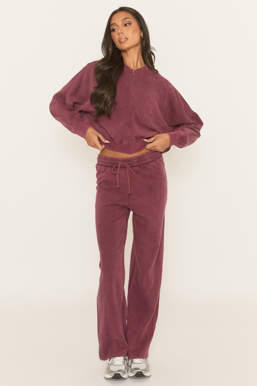 Wine Acid Wash Bomber and Wide Leg Jogger Loungewear Co-ord Set - Macay