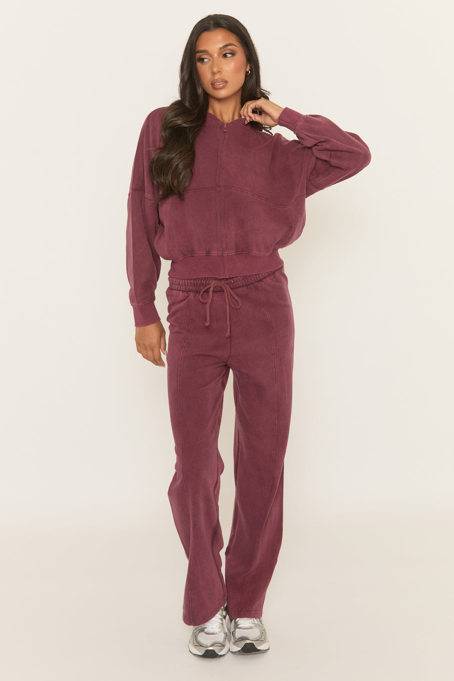 Wine Acid Wash Bomber and Wide Leg Jogger Loungewear Co-ord Set - Macay
