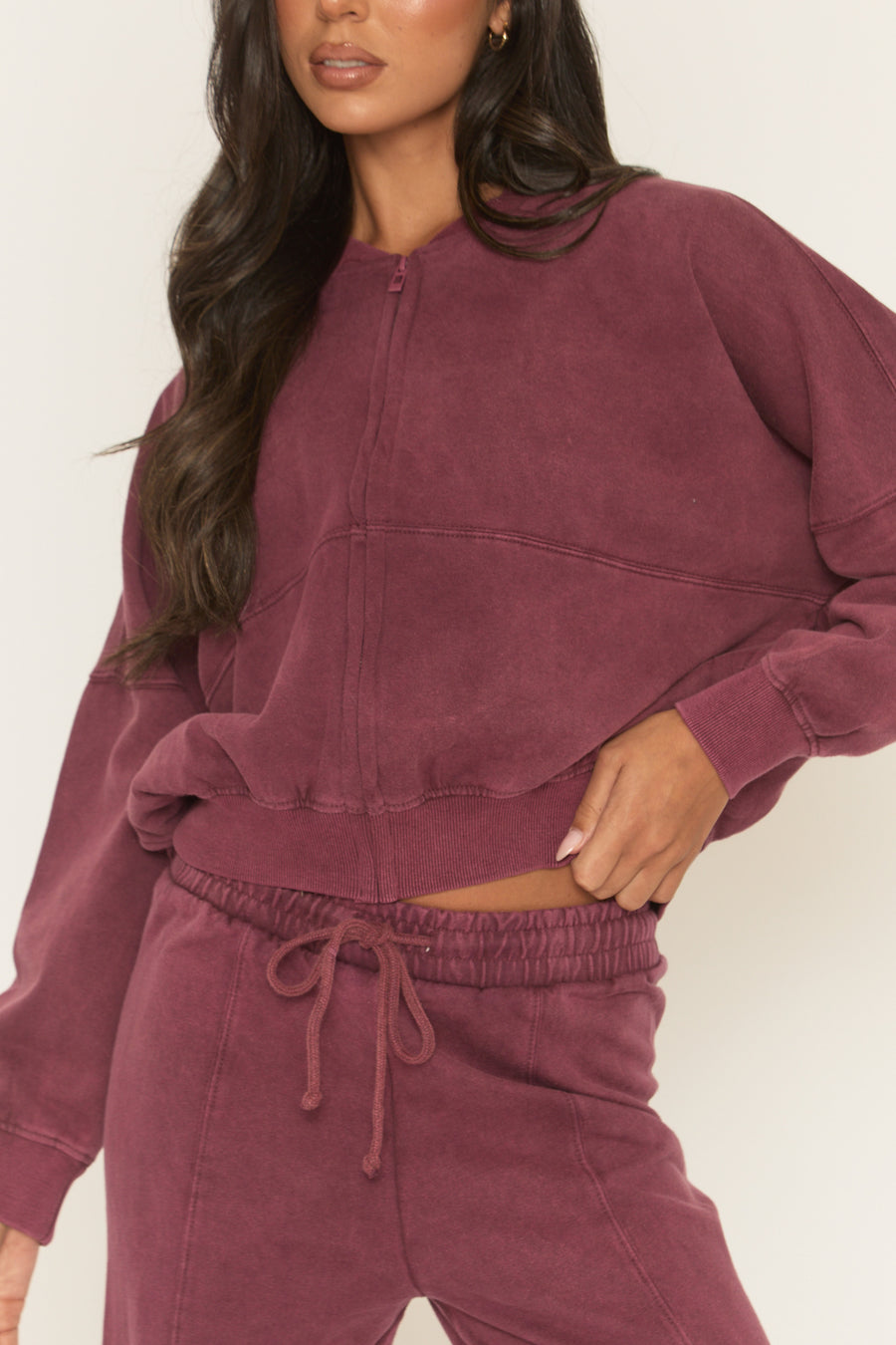 Wine Acid Wash Bomber and Wide Leg Jogger Loungewear Co-ord Set - Macay