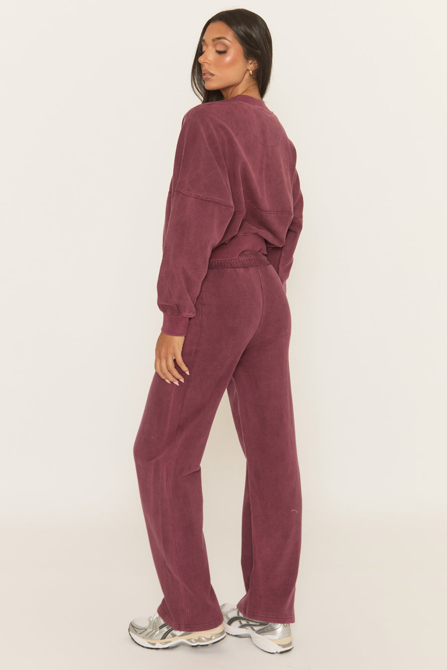 Wine Acid Wash Bomber and Wide Leg Jogger Loungewear Co-ord Set - Macay