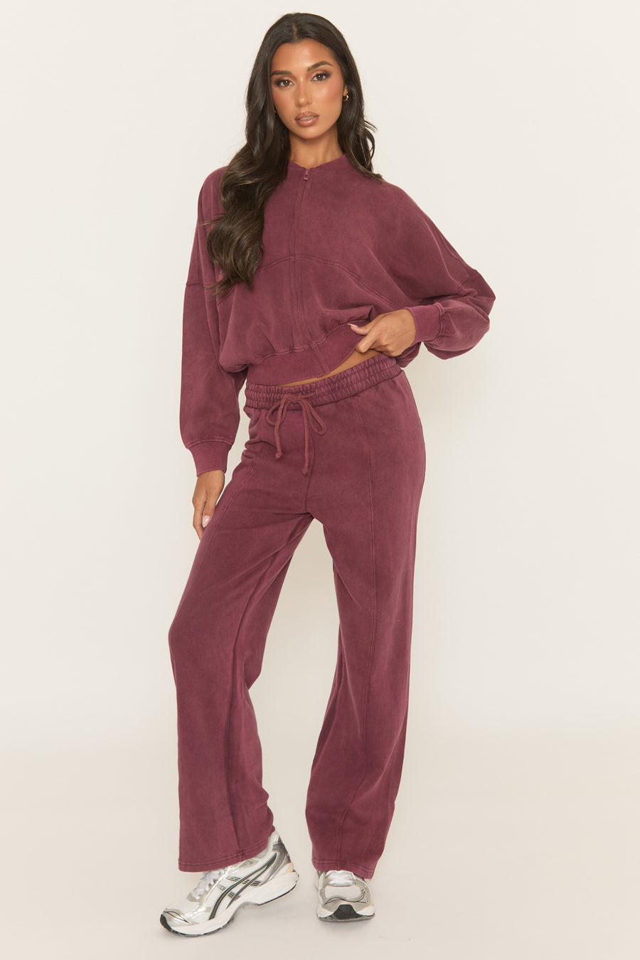 Wine Acid Wash Bomber and Wide Leg Jogger Loungewear Co-ord Set - Macay