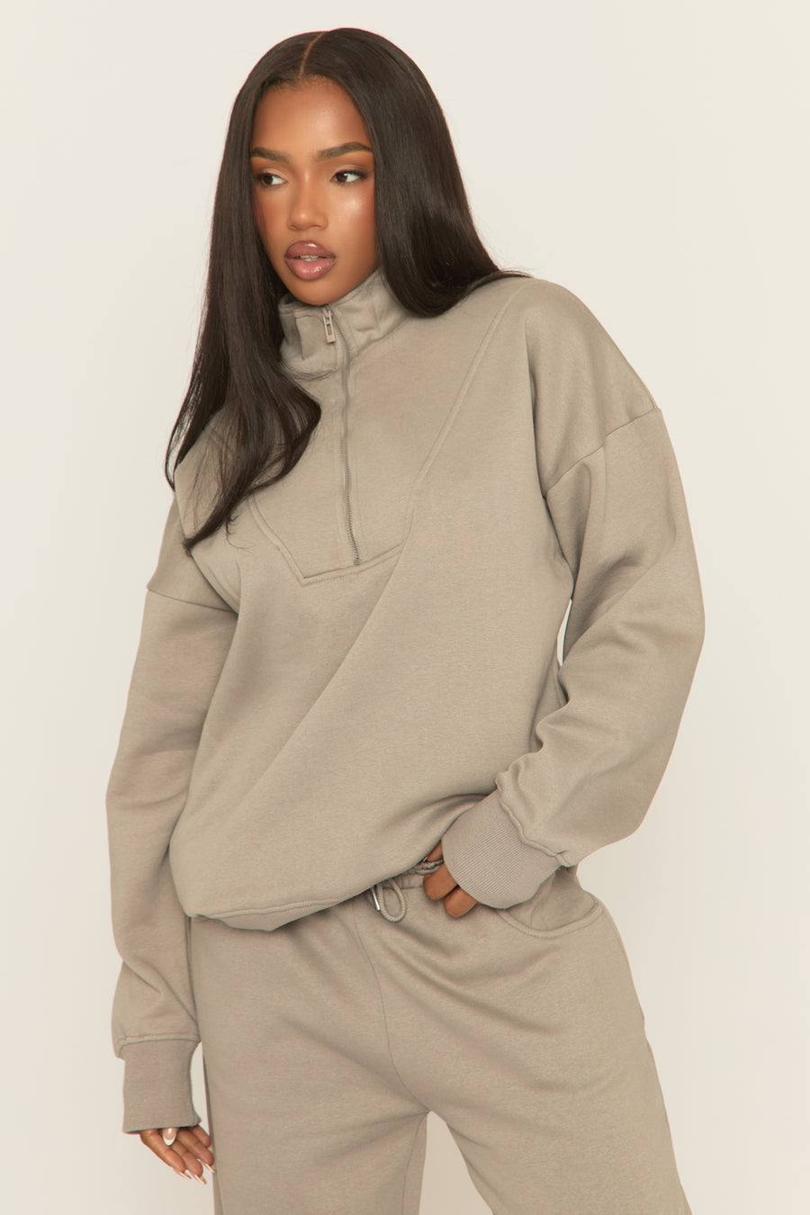 Dove Grey Oversized Quarter Zip Sweater and Joggers Loungewear Co-ord Set - Kristie