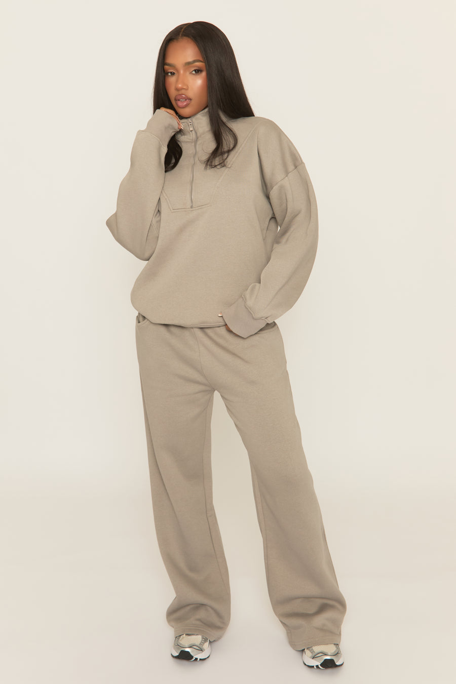 Dove Grey Oversized Quarter Zip Sweater and Joggers Loungewear Co-ord Set - Kristie