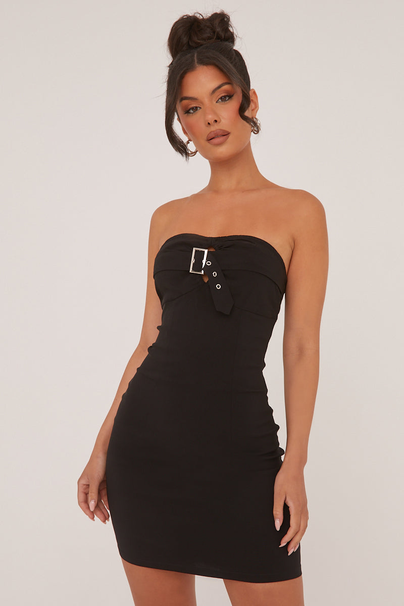 Black Bandeau Belt Detail Bodycon Mini Dress - Anaya Black Bandeau Belt Detail Bodycon Mini Dress - Anaya