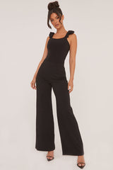 Black Frill Straps Square Neck Bodysuit - Olivia