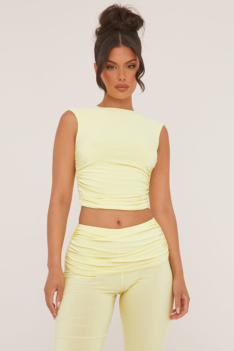 Yellow Ruched Cropped Top & Trousers Co-ord Set - Edie