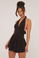 Black Halter Plunge Neck Mini Dress - Pippa