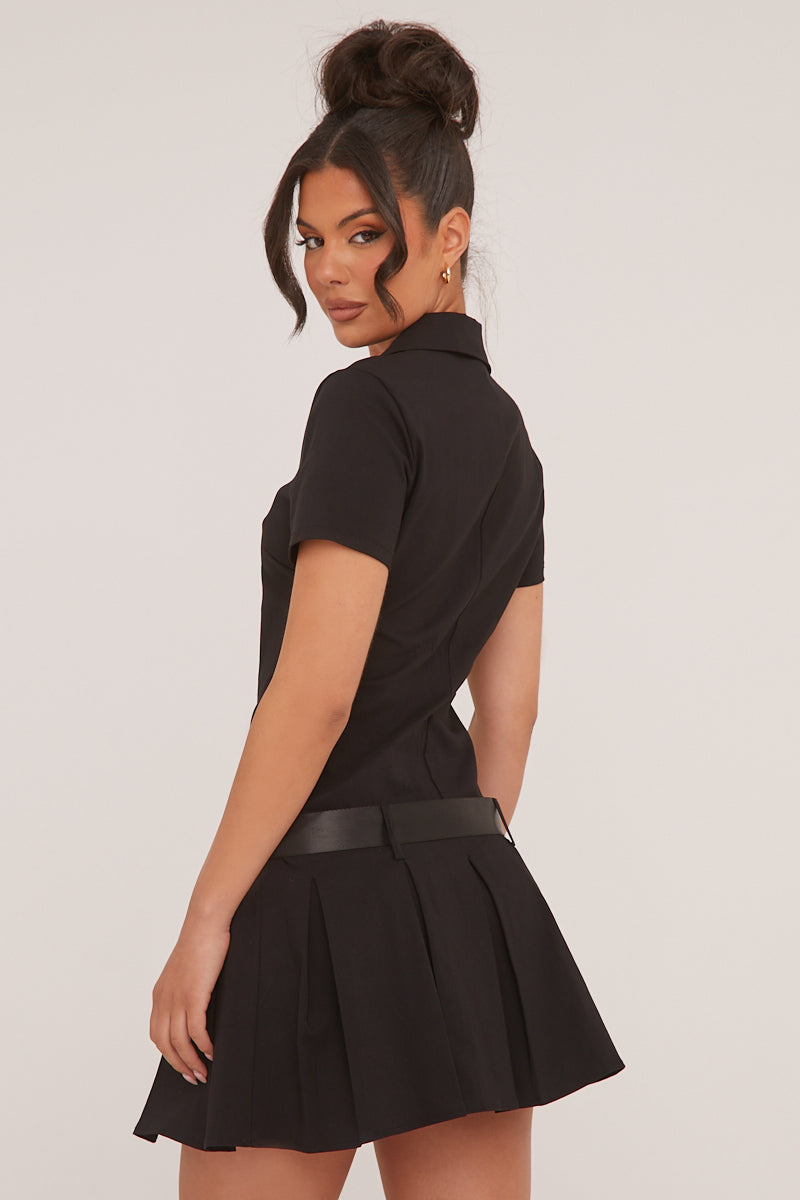 Black Pleated Hem Belt Detail Mini Dress - Millie