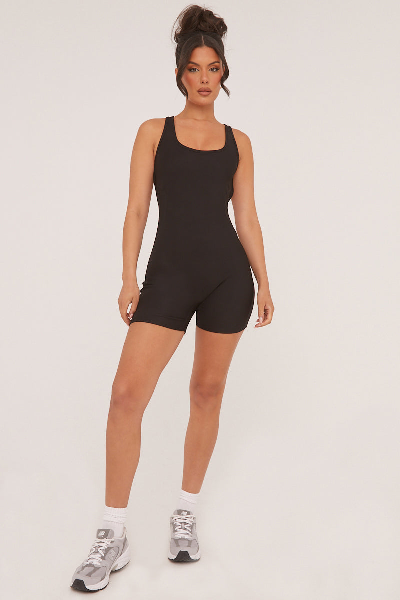 Black Rib Knit Racer Back Unitard - Lexi