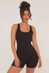 Black Rib Knit Racer Back Unitard - Lexi