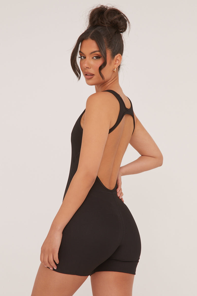 Black Rib Knit Racer Back Unitard - Lexi
