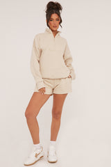 Stone Oversized Zip Front Sweatshirt & Mini Shorts Co-ord Set - Adriana