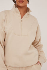 Stone Oversized Zip Front Sweatshirt & Mini Shorts Co-ord Set - Adriana